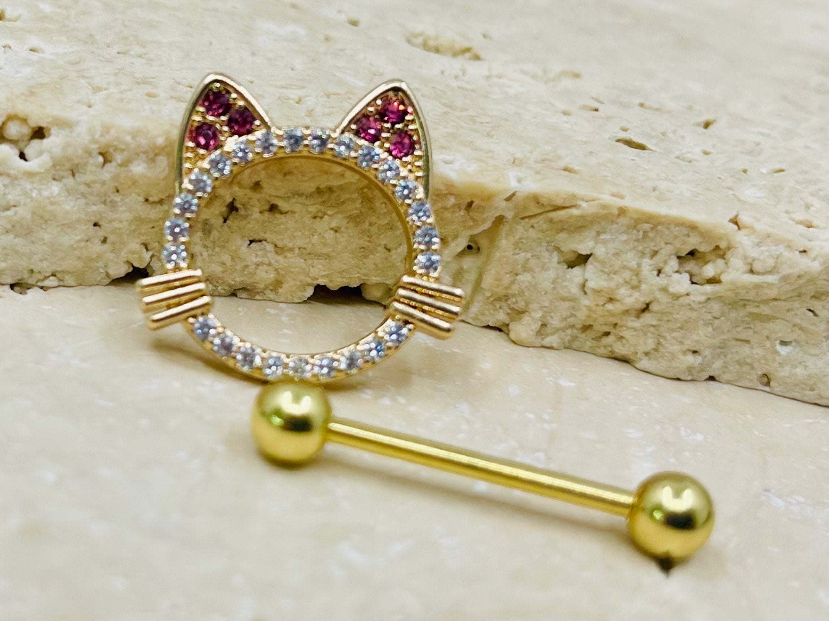 14G Gold Pink Cat Nipple Jewelry Barbells, Clear Gem Cat Nipple Barbells