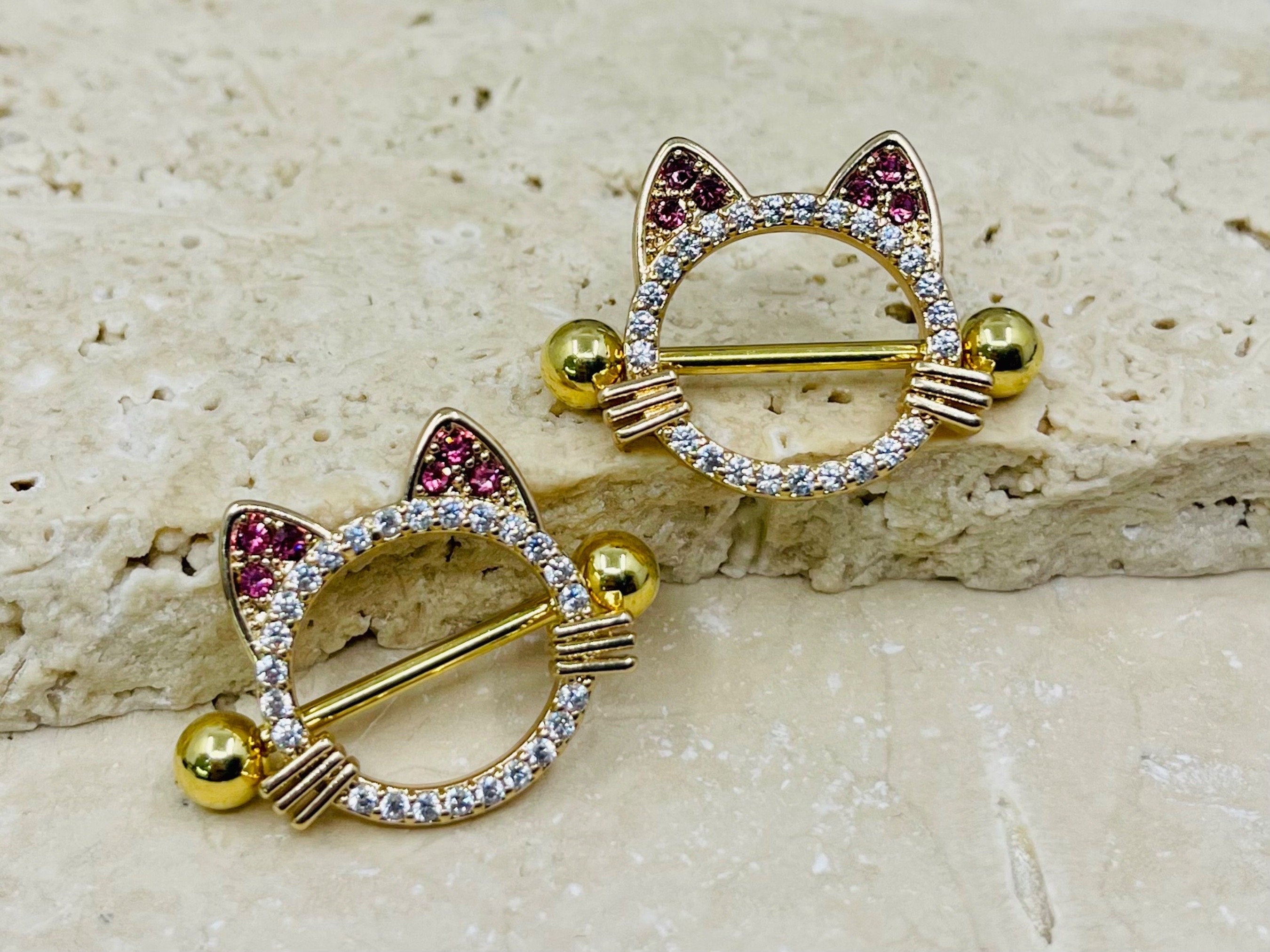 14G Gold Pink Cat Nipple Jewelry Barbells, Clear Gem Cat Nipple Barbells