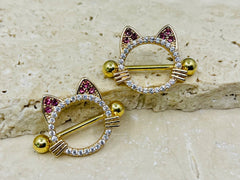 14G Gold Pink Cat Nipple Jewelry Barbells, Clear Gem Cat Nipple Barbells