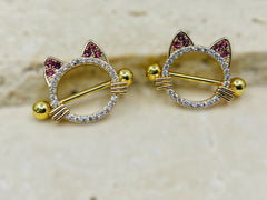 14G Gold Pink Cat Nipple Jewelry Barbells, Clear Gem Cat Nipple Barbells