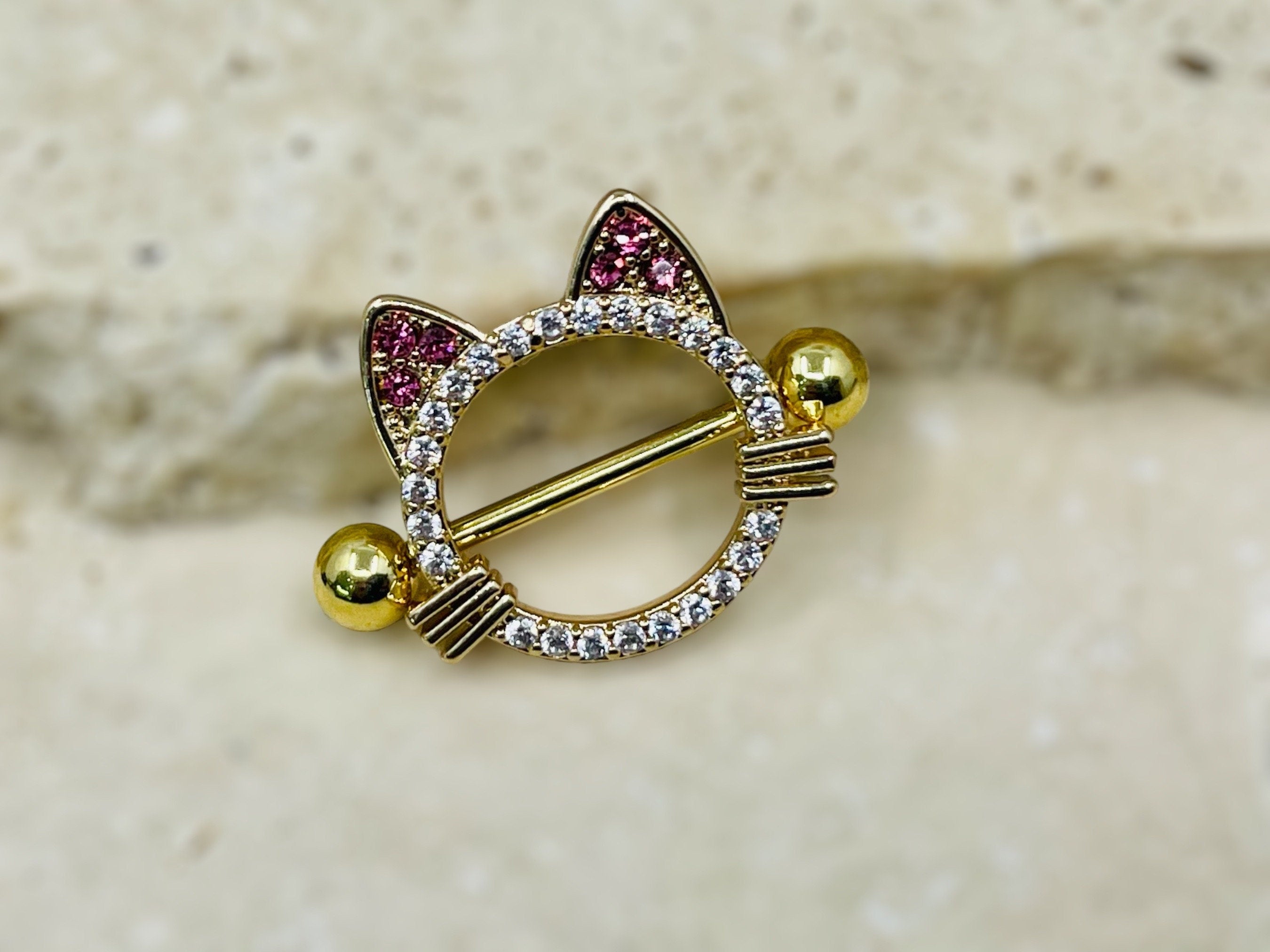 14G Gold Pink Cat Nipple Jewelry Barbells, Clear Gem Cat Nipple Barbells