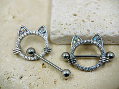 14G Silver Cat Nipple Jewelry Barbells, Multicolor Gem Cat Ears Nipple Barbells