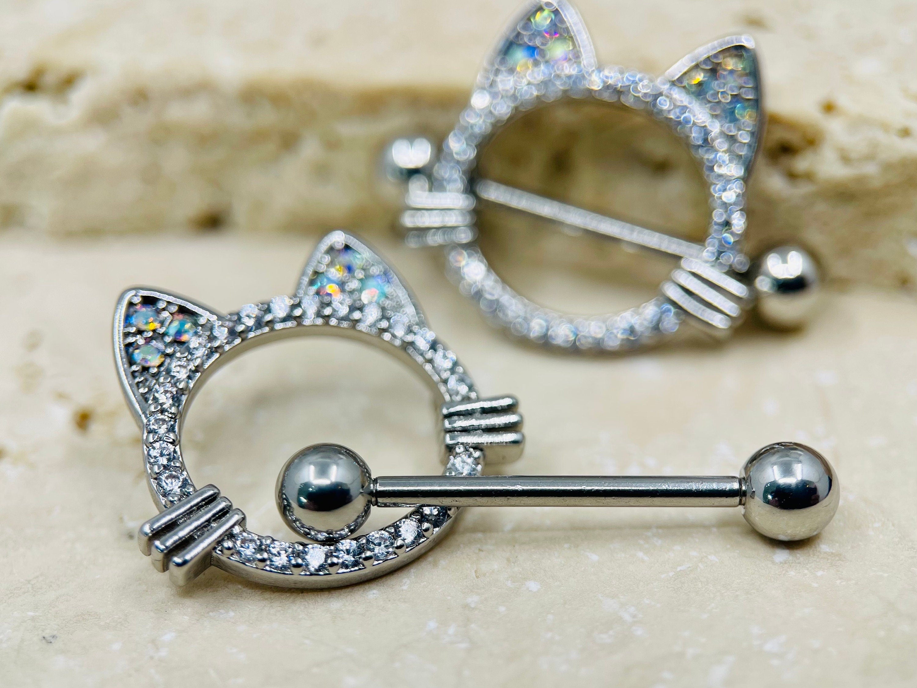 14G Silver Cat Nipple Jewelry Barbells, Multicolor Gem Cat Ears Nipple Barbells