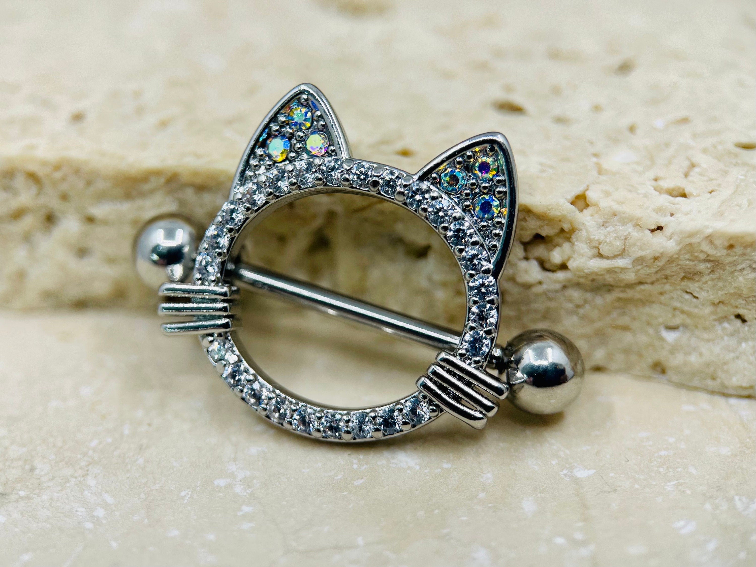 14G Silver Cat Nipple Jewelry Barbells, Multicolor Gem Cat Ears Nipple Barbells