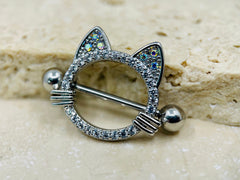 14G Silver Cat Nipple Jewelry Barbells, Multicolor Gem Cat Ears Nipple Barbells