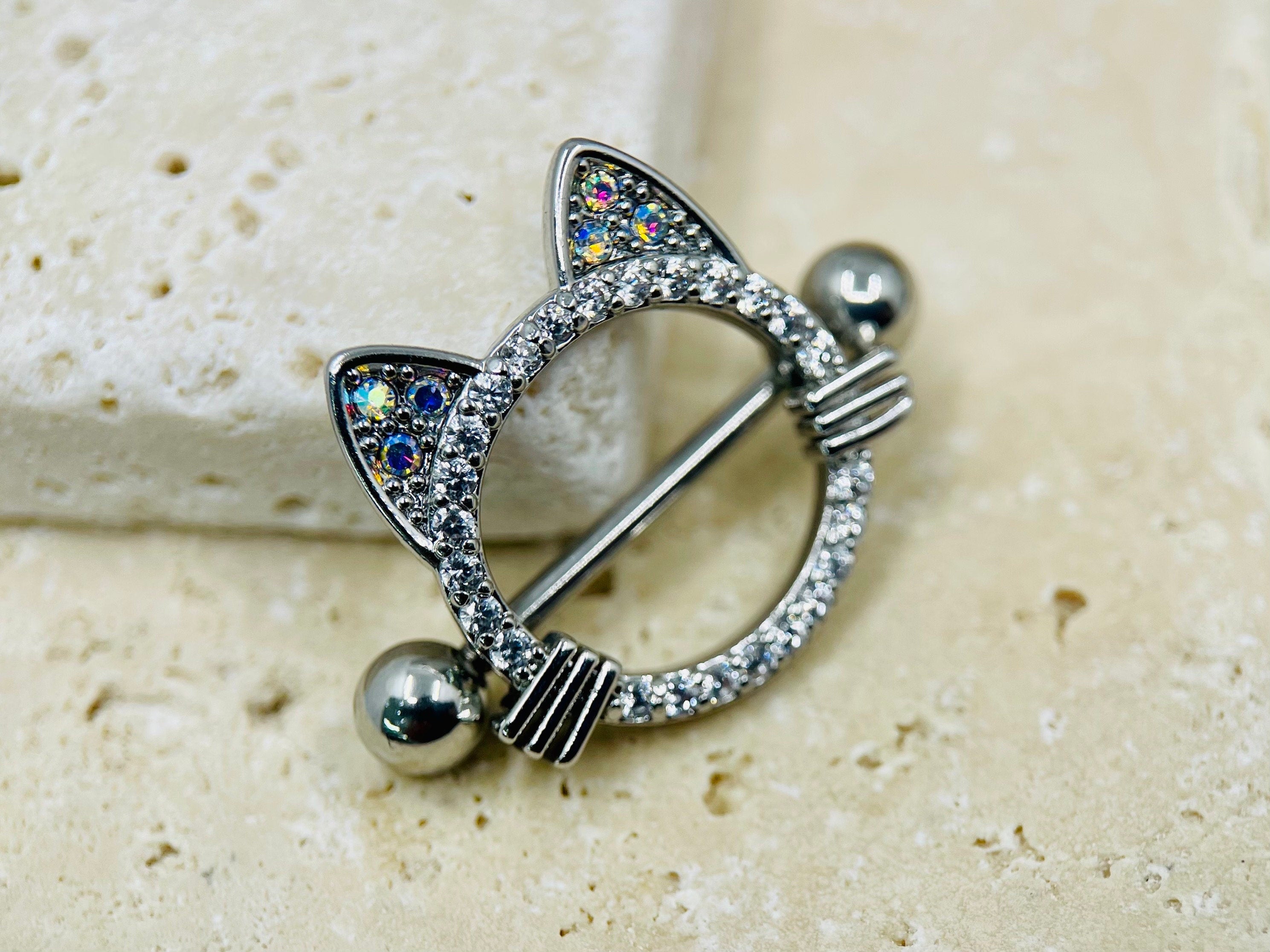 14G Silver Cat Nipple Jewelry Barbells, Multicolor Gem Cat Ears Nipple Barbells