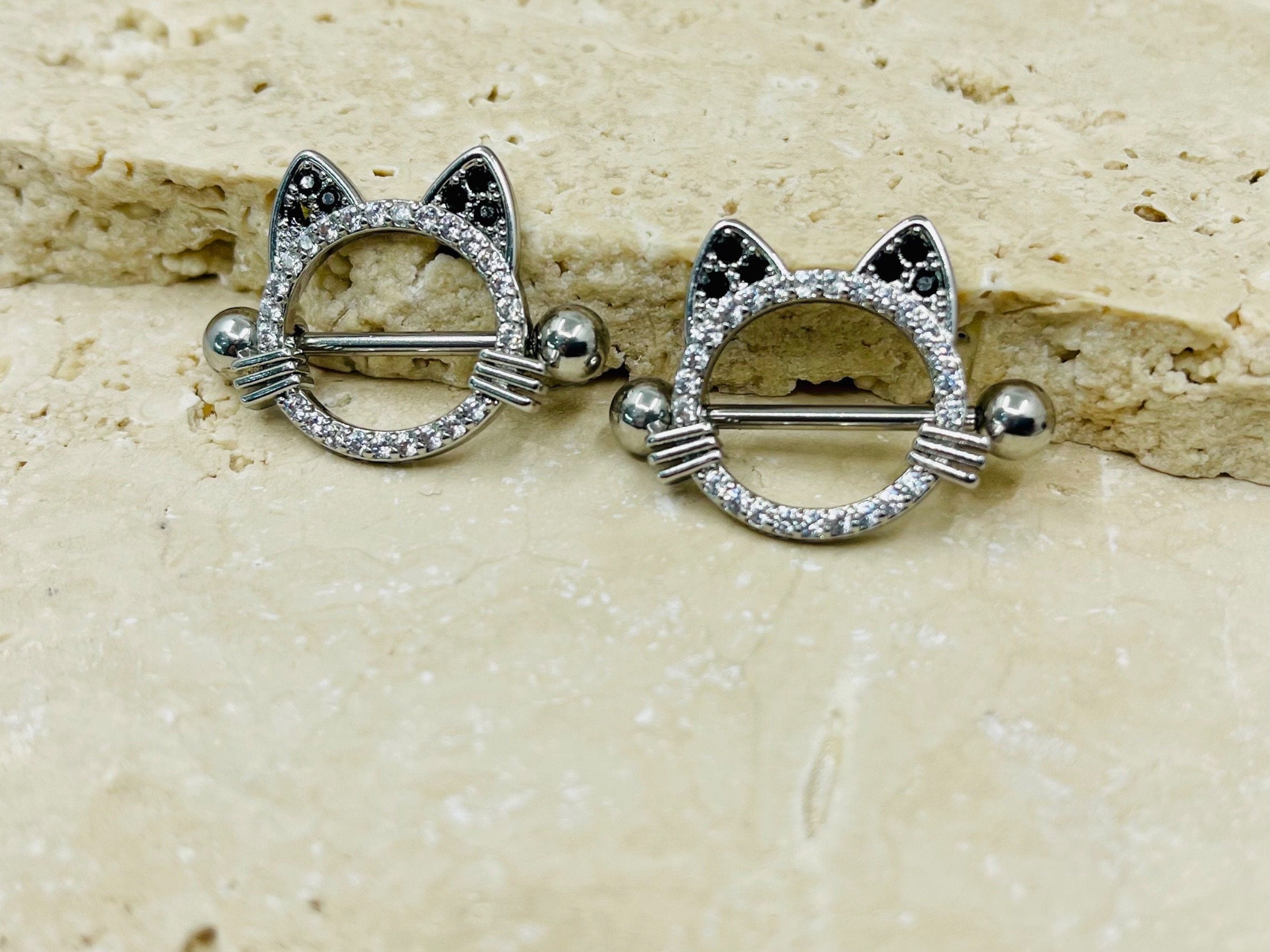 14G Silver Cat Nipple Jewelry Barbells, Cat Nipple Barbells