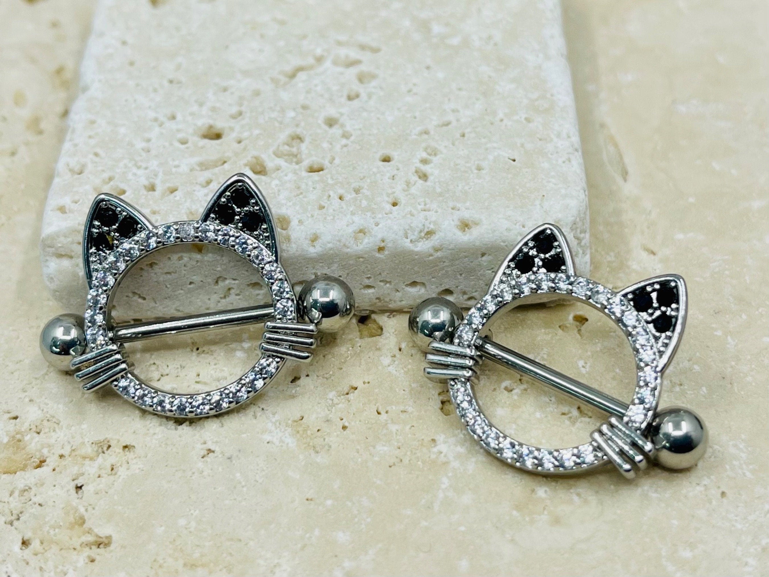 14G Silver Cat Nipple Jewelry Barbells, Cat Nipple Barbells