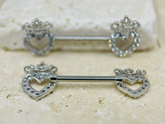 14G Silver Heart & Crown Top Nipple Jewelry Barbell, Nipple Piercing, Nipple Jewelry