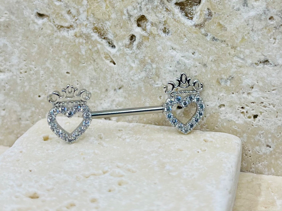 14G Silver Heart & Crown Top Nipple Jewelry Barbell, Nipple Piercing, Nipple Jewelry