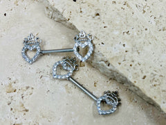 14G Silver Heart & Crown Top Nipple Jewelry Barbell, Nipple Piercing, Nipple Jewelry