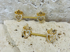 14G Gold Heart & Crown Top Nipple Jewelry Barbell, Nipple Piercing, Nipple Jewelry