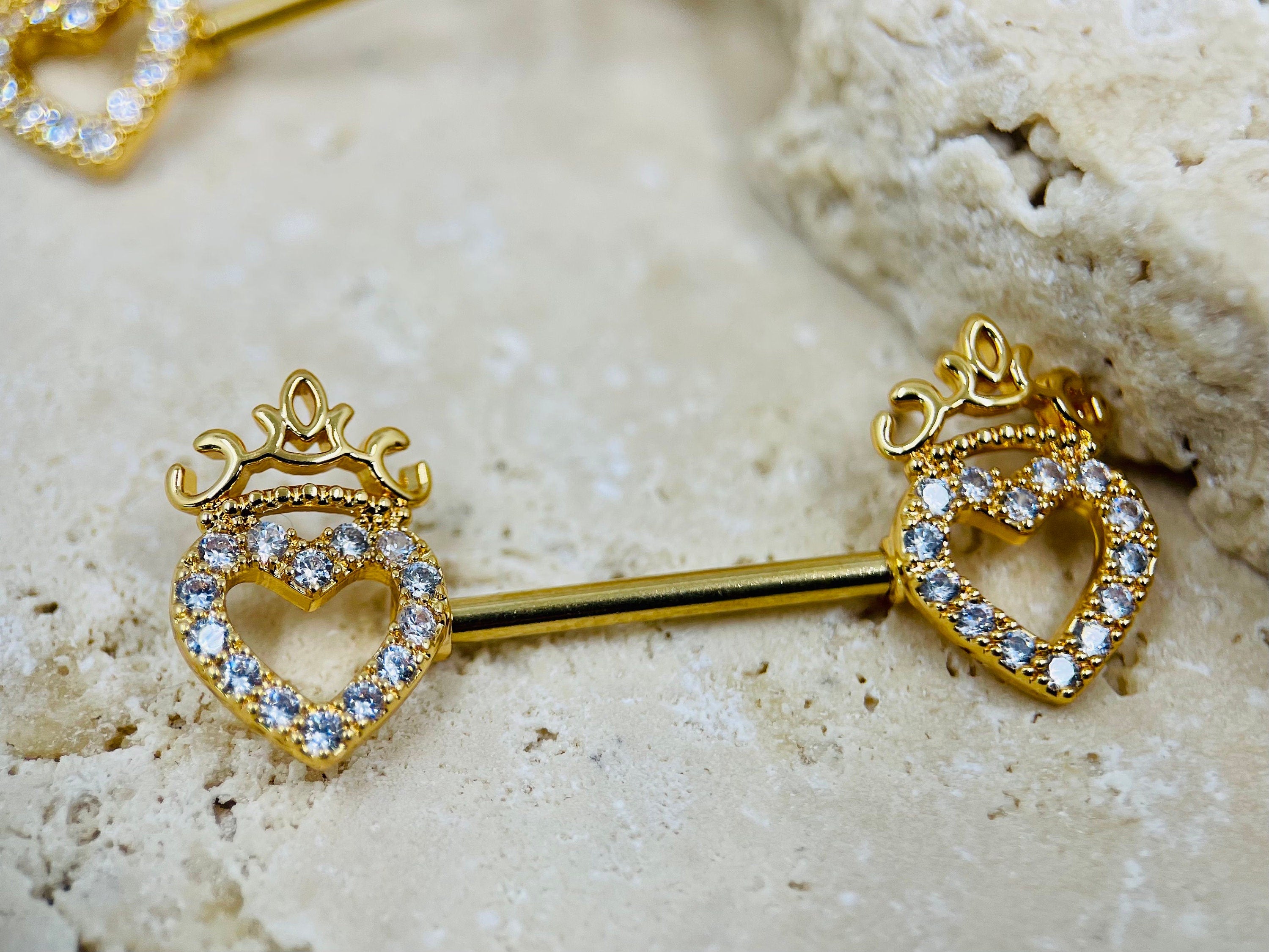 14G Gold Heart & Crown Top Nipple Jewelry Barbell, Nipple Piercing, Nipple Jewelry