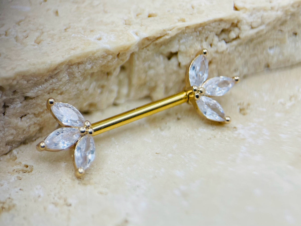 14G Gold Triple Marquise Gems Nipple Barbell. Nipple Rings. Nipple Jewelry. Nipple Piercing