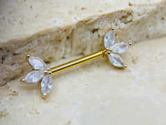 14G Gold Triple Marquise Gems Nipple Barbell. Nipple Rings. Nipple Jewelry. Nipple Piercing