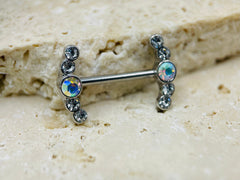 14G Clear & Multicolor Gem Cluster Ends Nipple Barbells, Nipple Rings