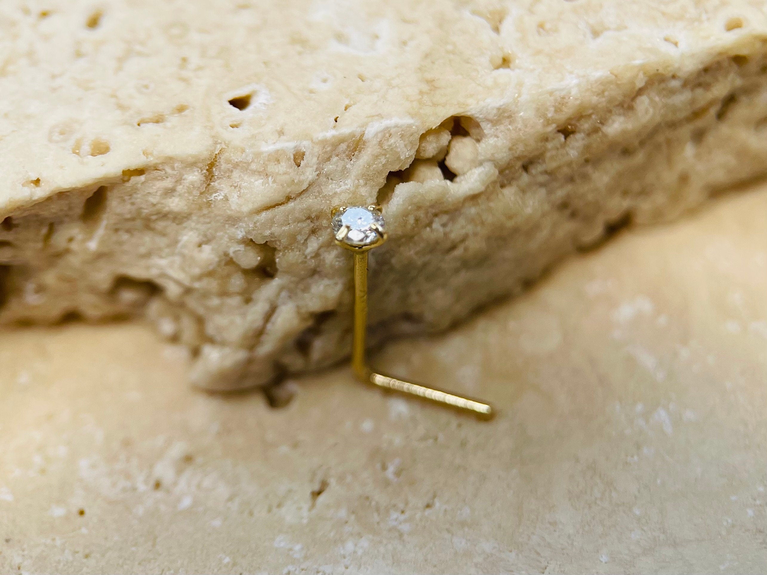 14K Gold Diamond L Shape Nose Stud • Diamond Nose Stud • Nose Piercing