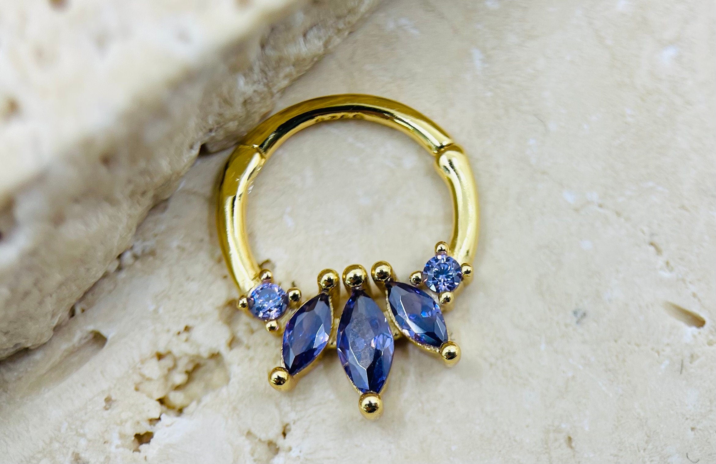 16g Gold Marquise Gem Septum Clicker Ring • Septum Jewelry • Septum Clicker - Purple Gems