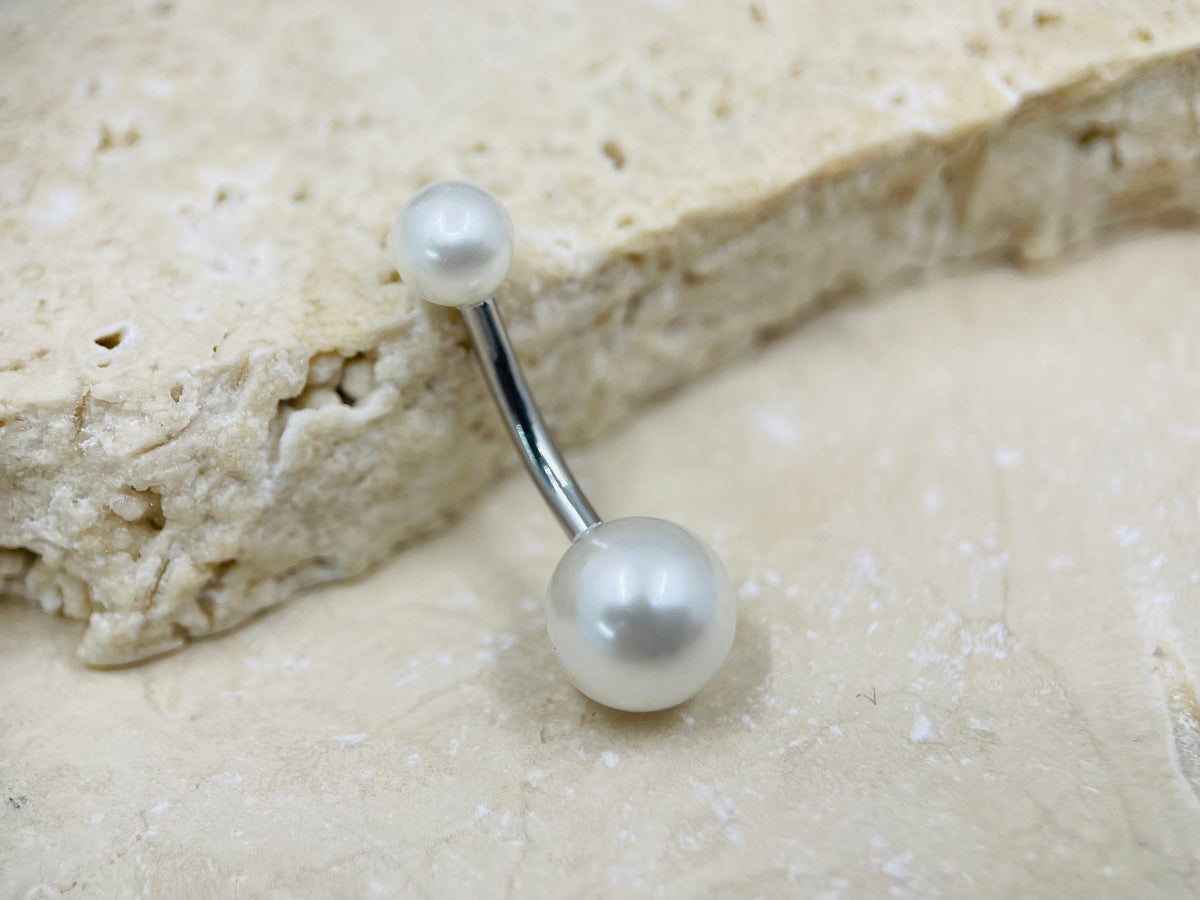 14G Silver White Pearl Texture Basic Belly Button Ring