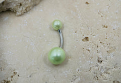 14G Silver Light Green Pearl Texture Basic Belly Button Ring