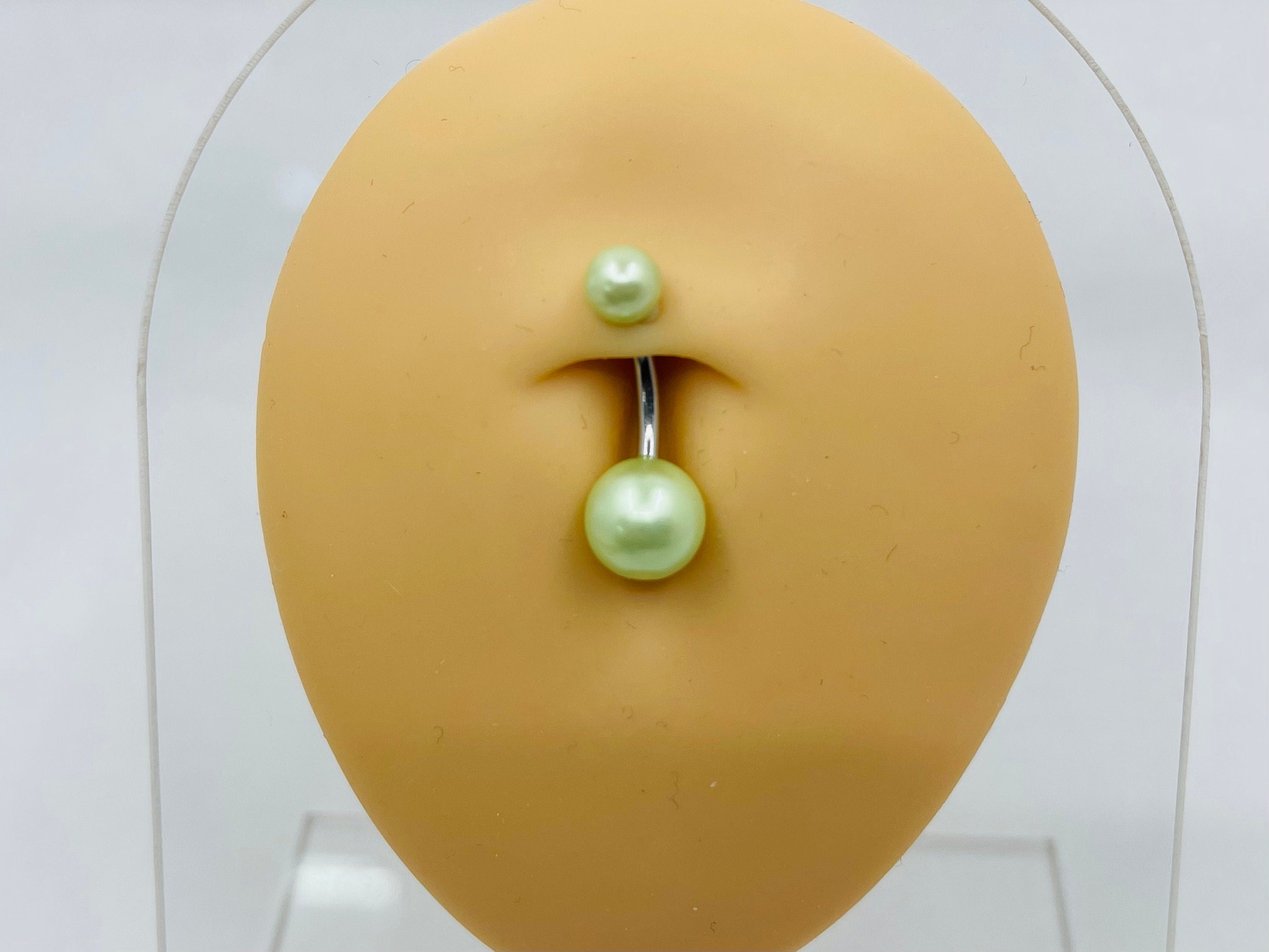 14G Silver Light Green Pearl Texture Basic Belly Button Ring