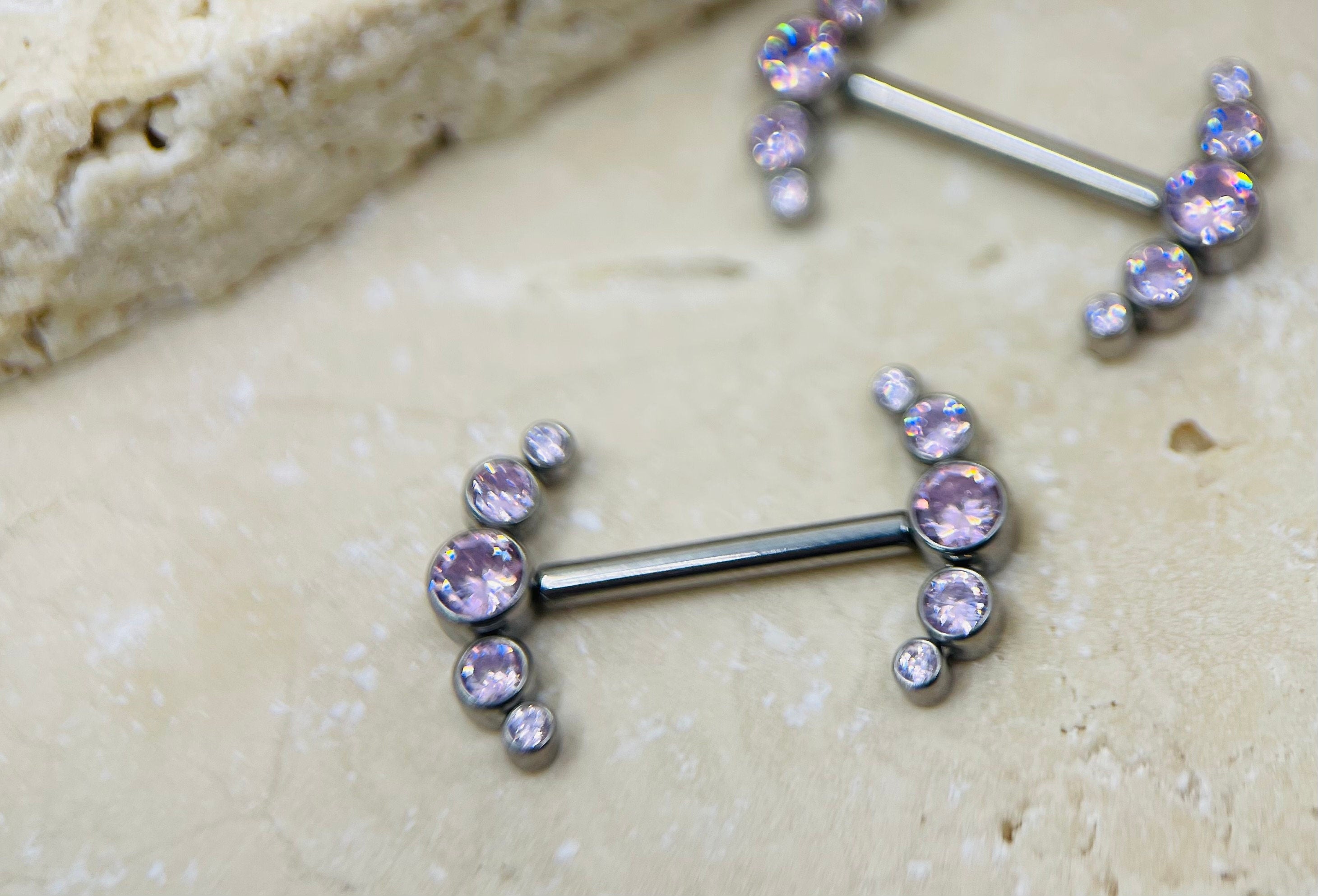 Threadless Push In Titanium Nipple Barbells, Pink Gems