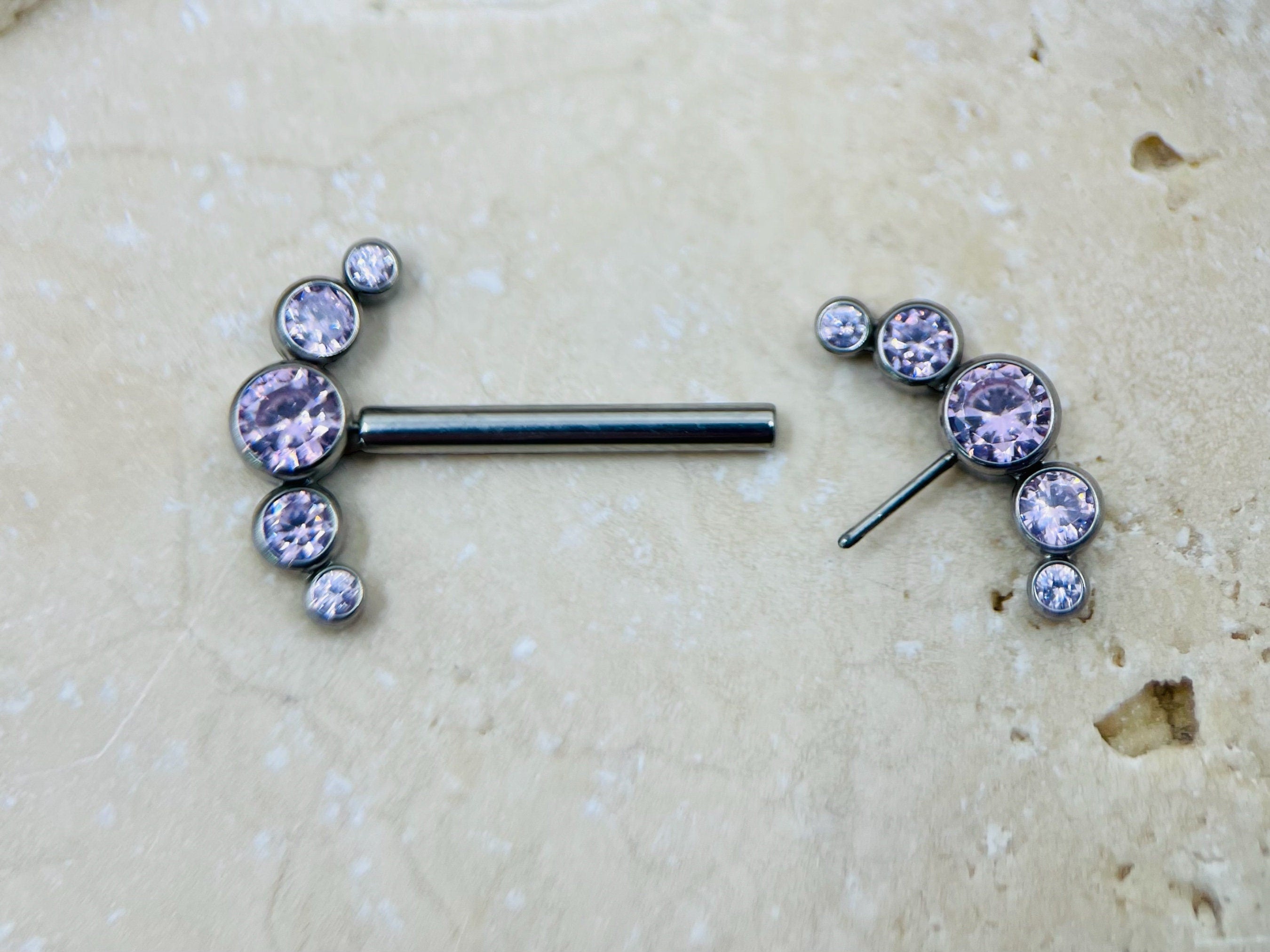 Threadless Push In Titanium Nipple Barbells, Pink Gems