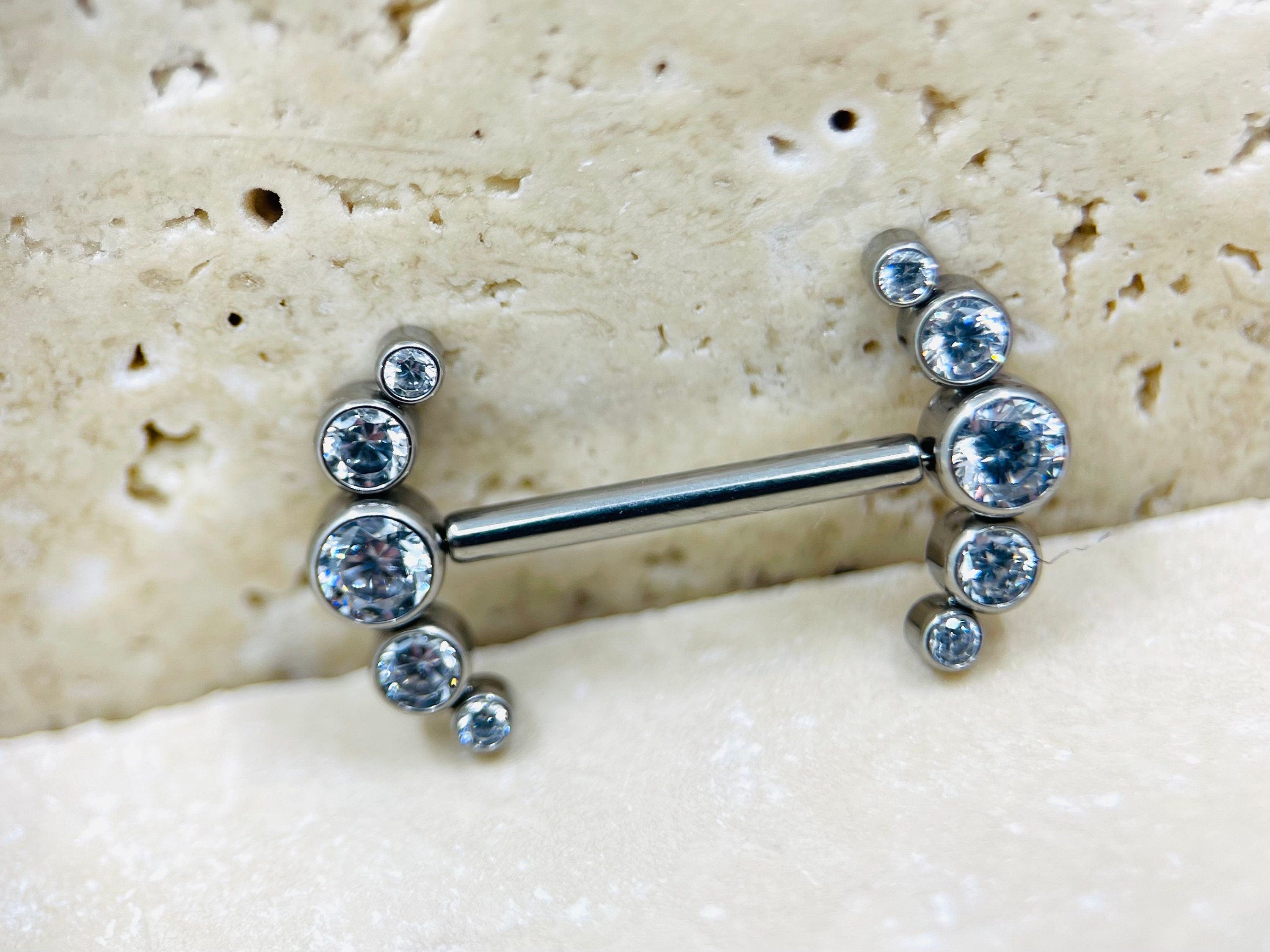 Threadless Push In Titanium Nipple Barbells, Clear Gems, Threadless Nipple Rings, Threadless Piercing Barbells