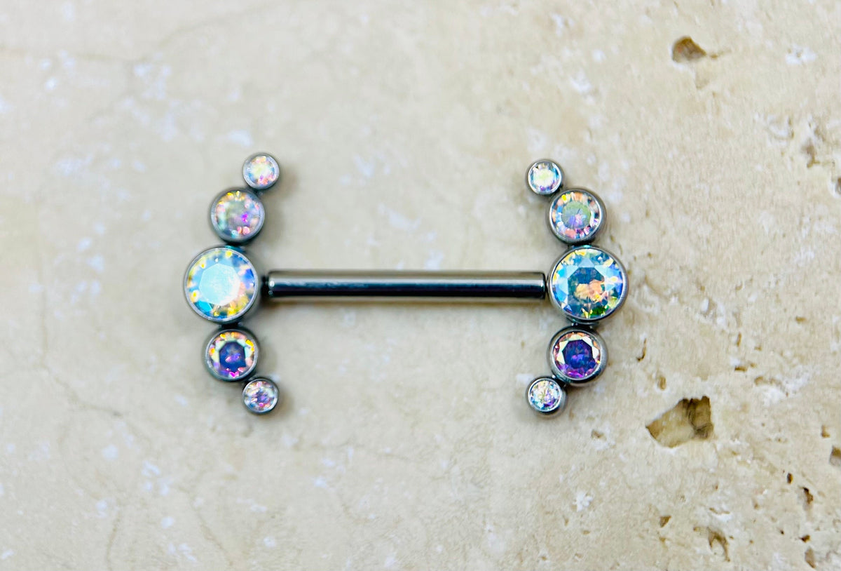 Threadless Push In Titanium Nipple Barbells, Threadless Nipple Rings, Threadless Piercing Barbells • Multicolor Stones