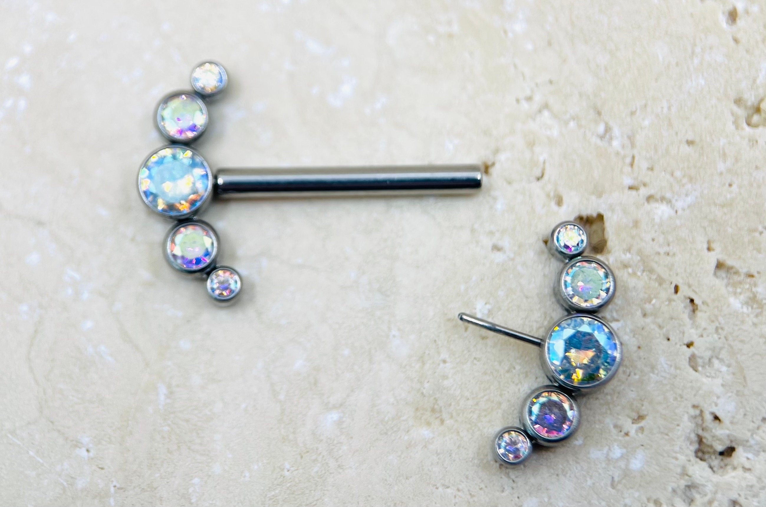 Threadless Push In Titanium Nipple Barbells, Threadless Nipple Rings, Threadless Piercing Barbells • Multicolor Stones