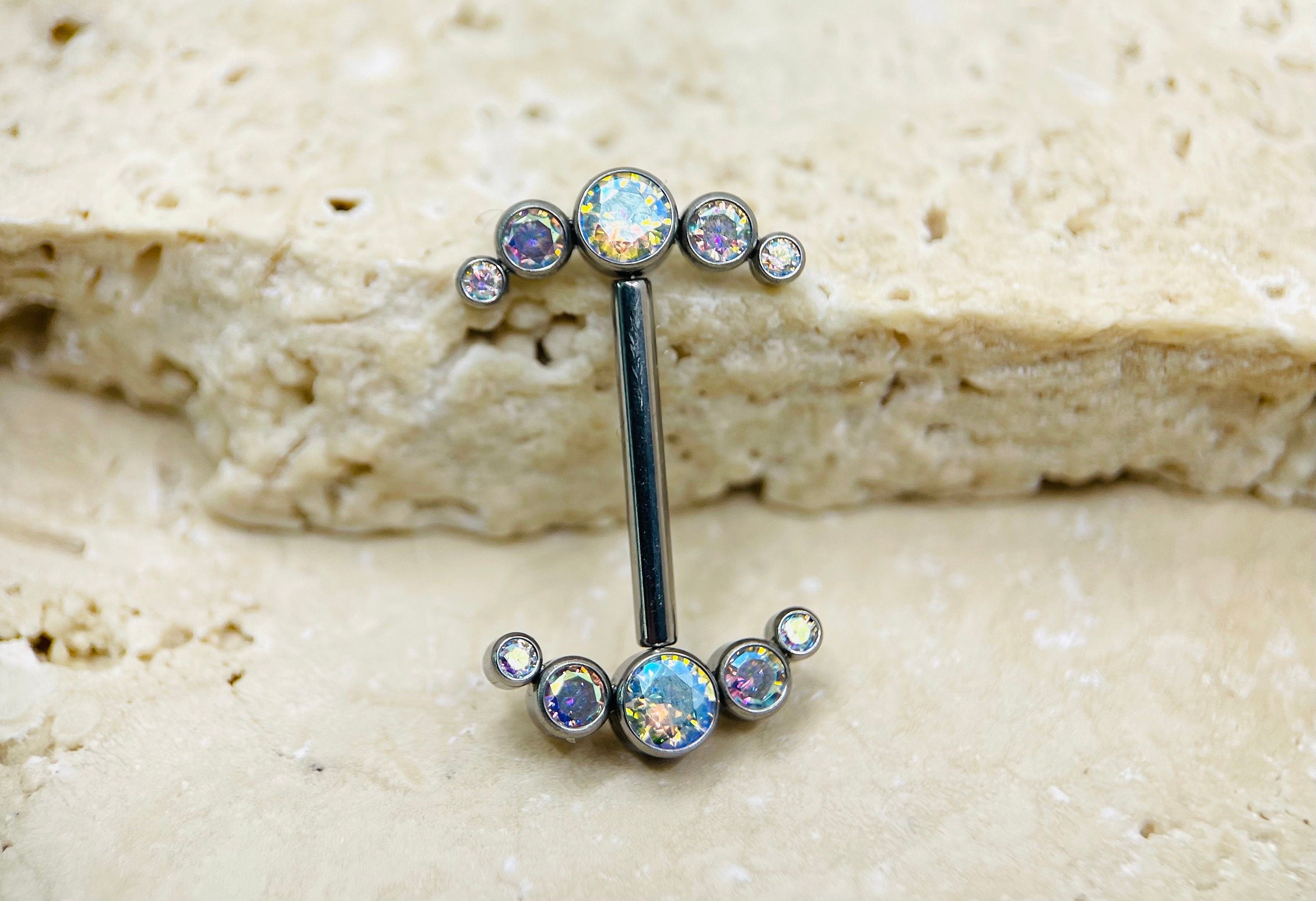 Threadless Push In Titanium Nipple Barbells, Threadless Nipple Rings, Threadless Piercing Barbells • Multicolor Stones