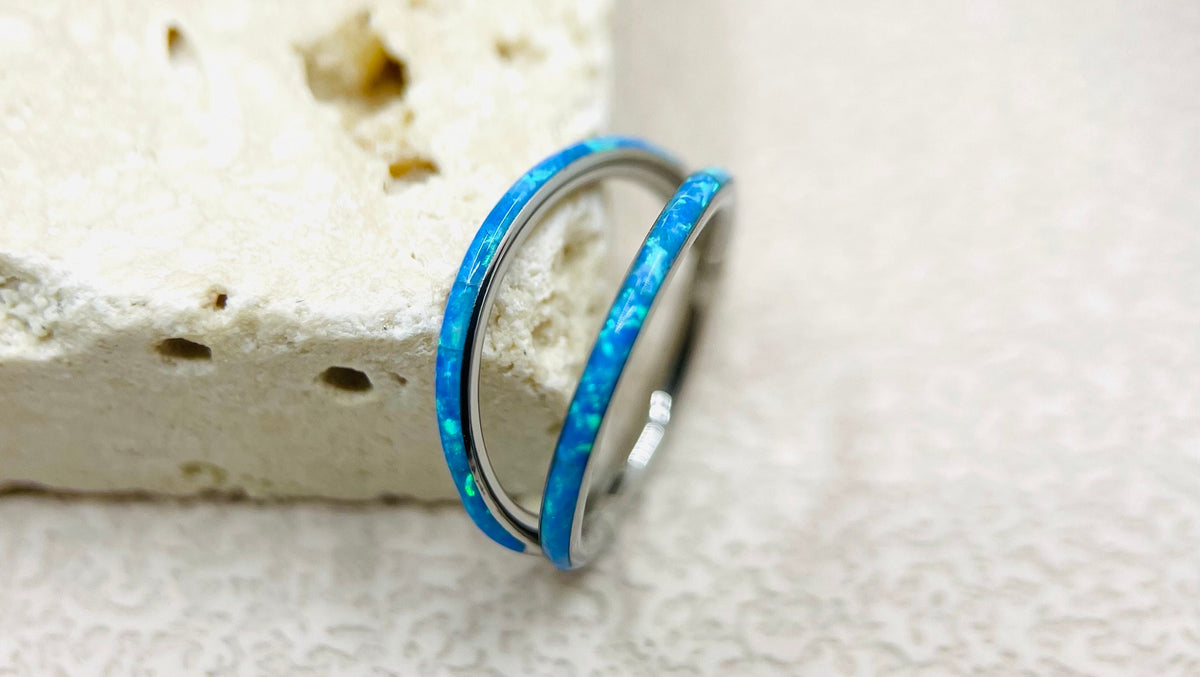 16G Implant Grade Titanium Double Line Blue Opal Hinged Clicker Ring