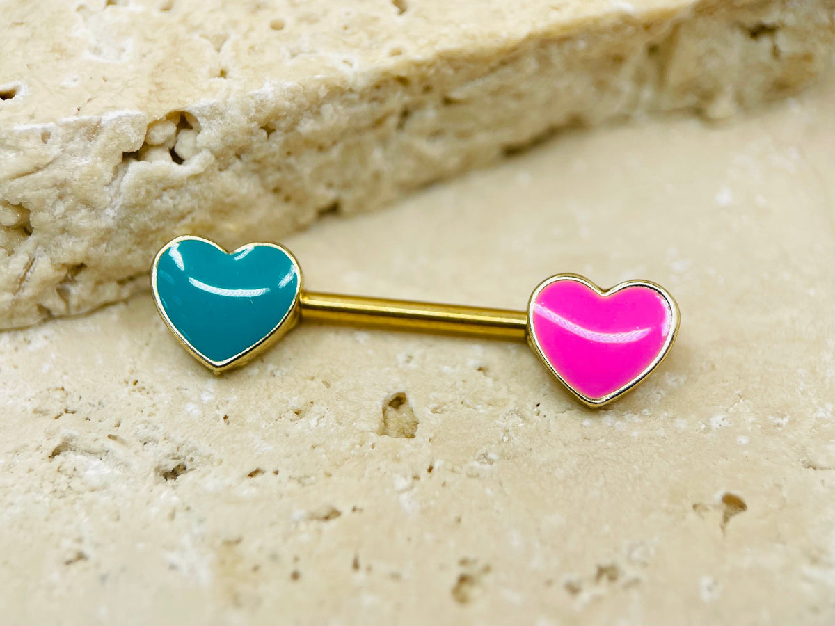 14G Nipple Jewelry, Pink & Blue Heart Nipple Barbell, Nipple Piercing Barbell