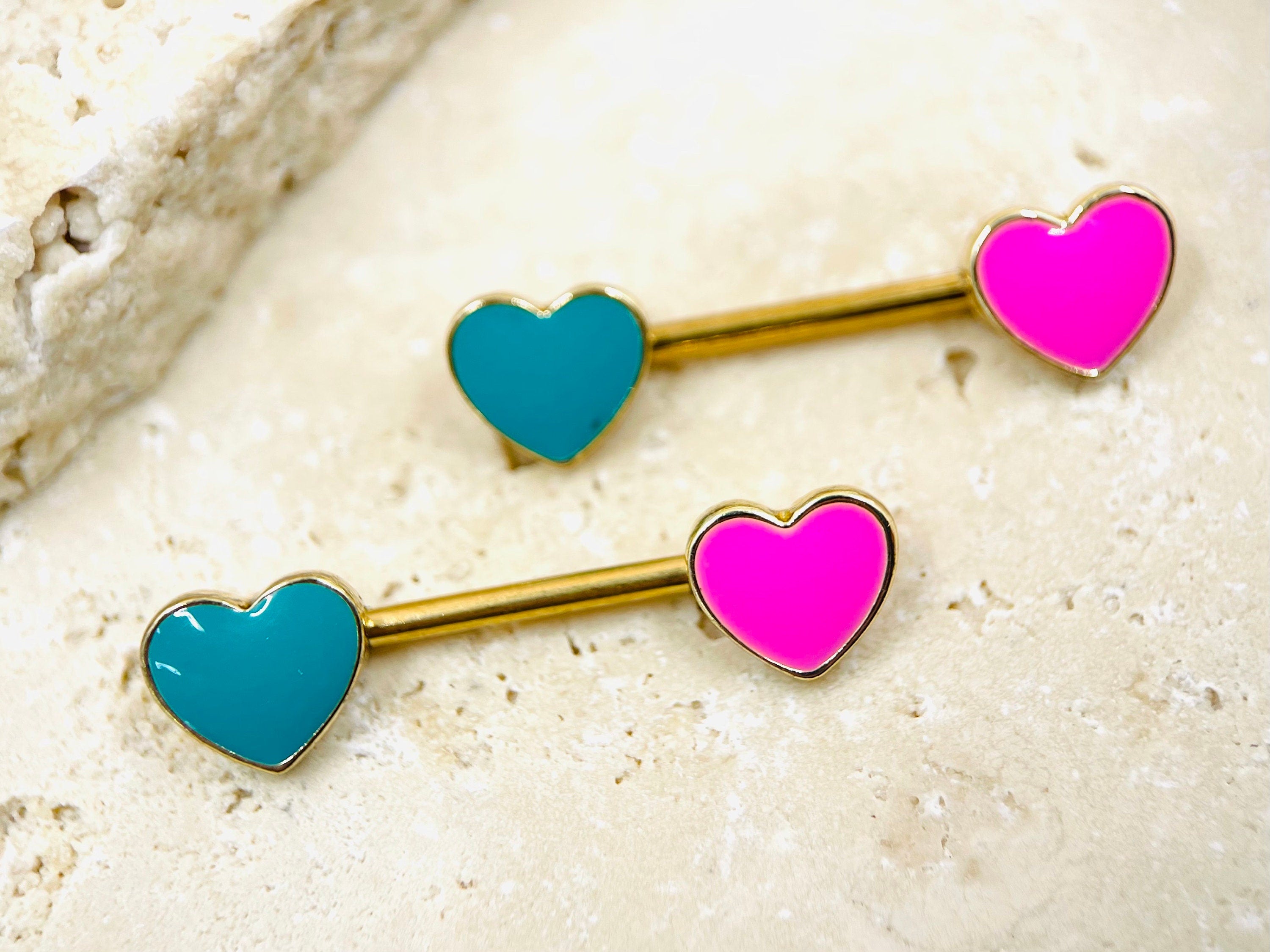 14G Nipple Jewelry, Pink & Blue Heart Nipple Barbell, Nipple Piercing Barbell