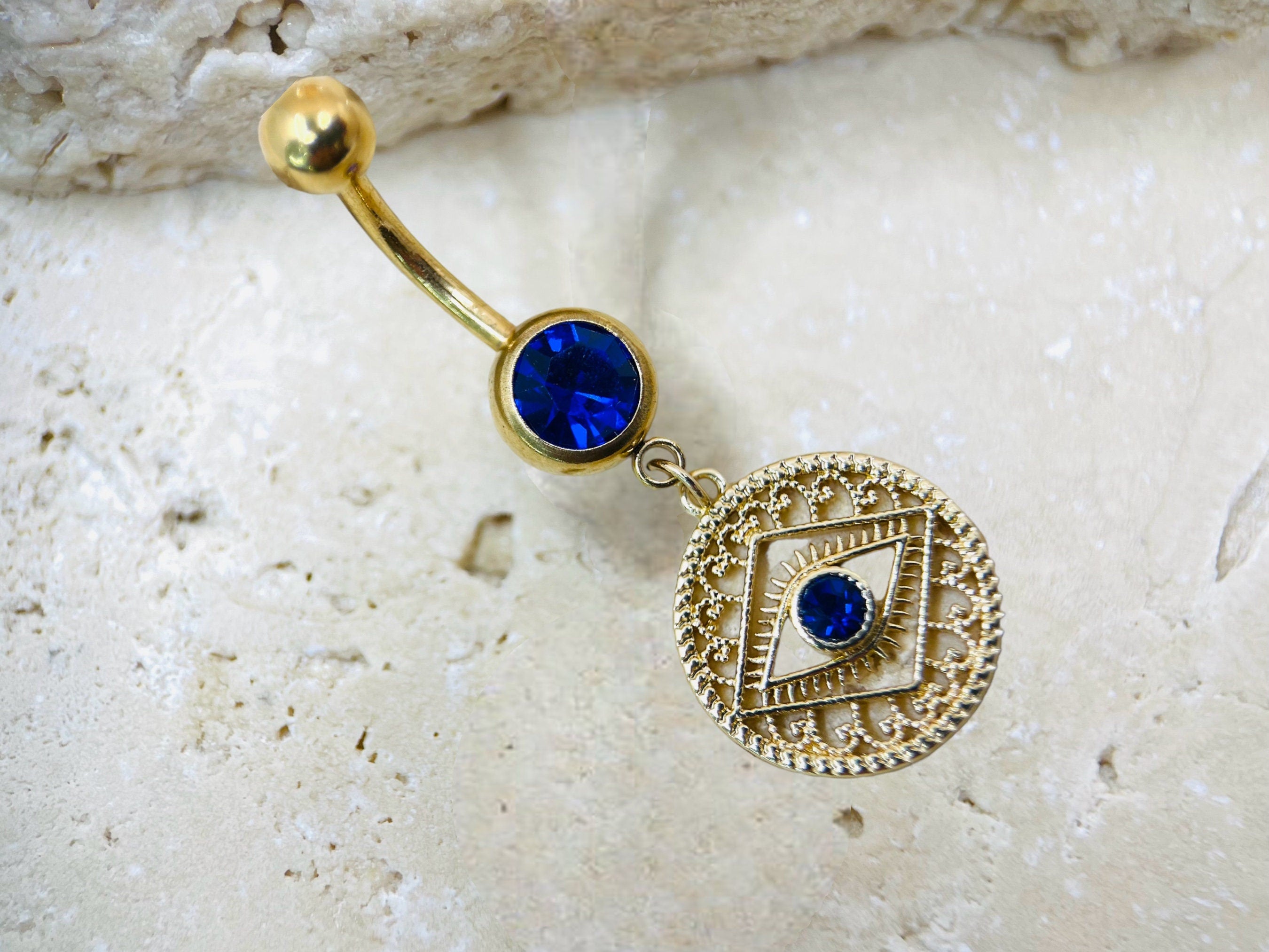 Evil Eye Belly Button Ring • Dangling Evil Eye Charm Belly Piercing • Navel Piercing