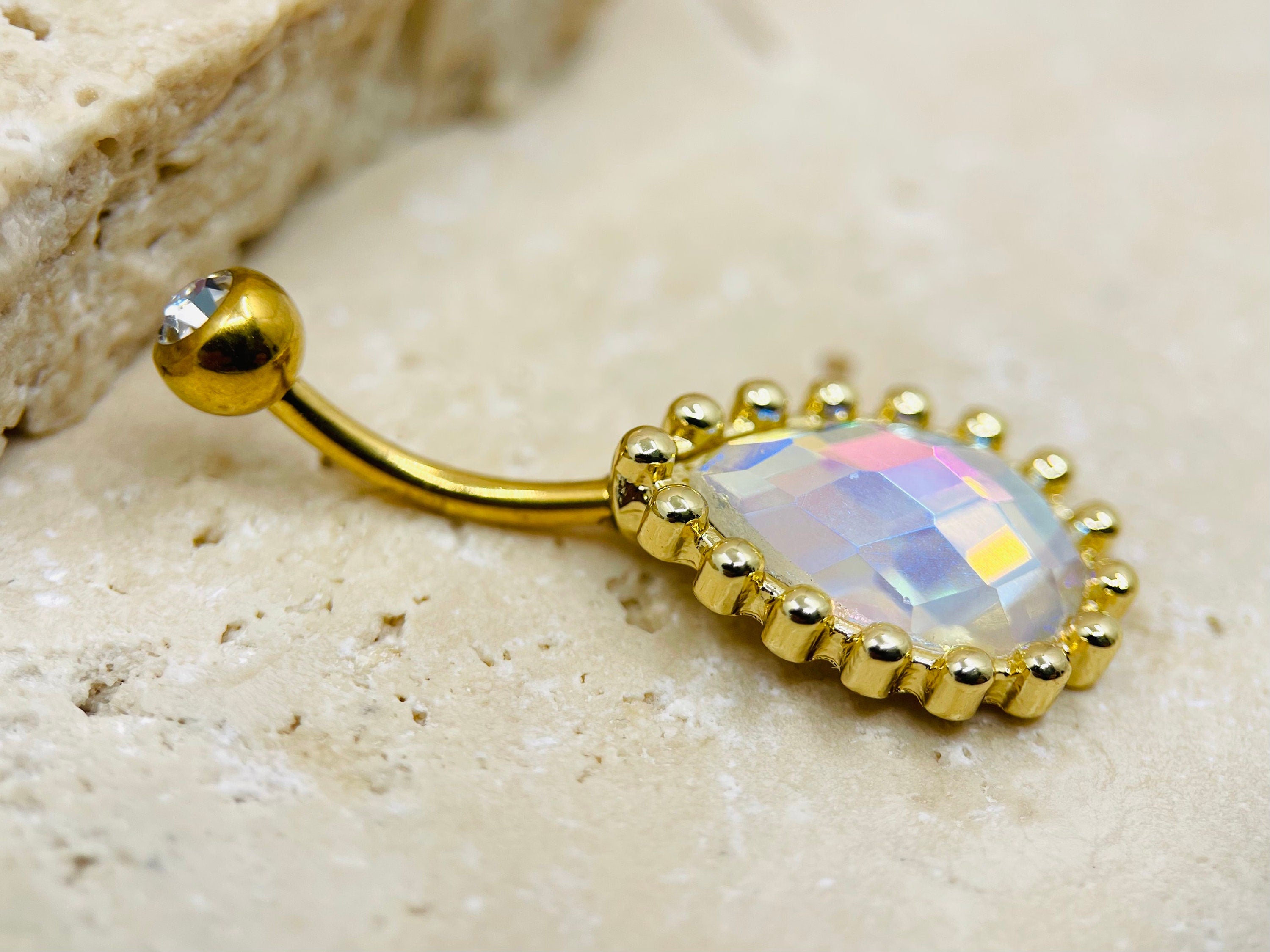 Gold Iridescent Teardrop Belly Button Ring Piercing