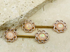 14G Rose Gold Flower White Opal Nipple Barbell, Nipple Ring