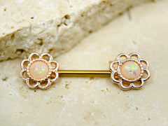 14G Rose Gold Flower White Opal Nipple Barbell, Nipple Ring