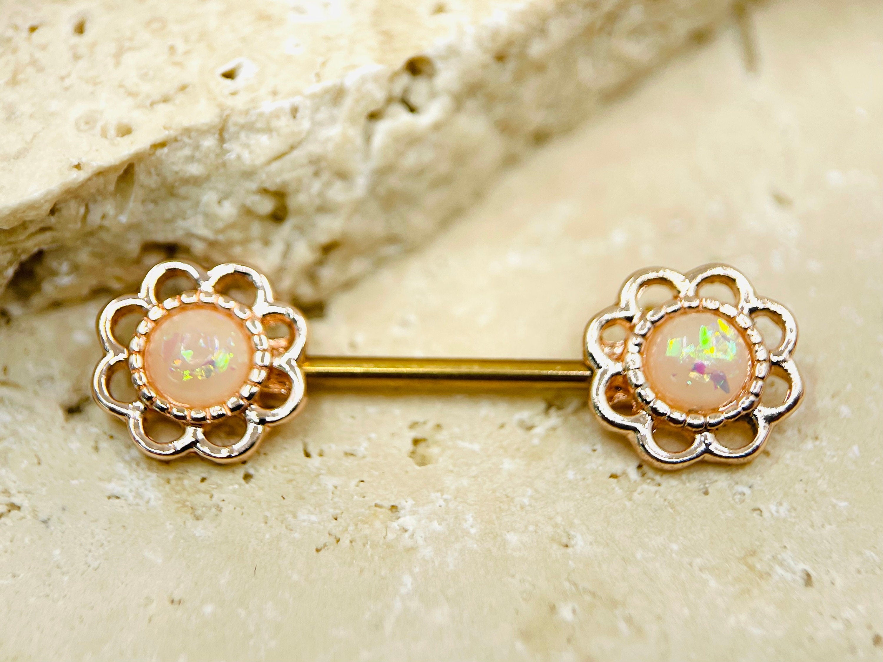 14G Rose Gold Flower White Opal Nipple Barbell, Nipple Ring