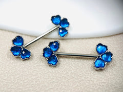 Pair of 14G Blue Gem Black Clover Ends Nipple Barbell