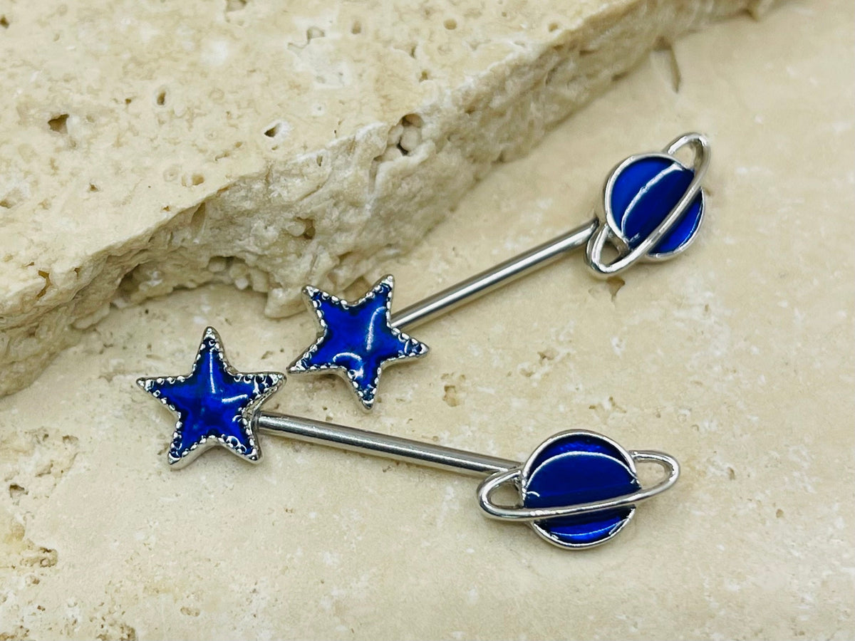 14G Blue Galaxy Nipple Barbells, Nipple Jewelry, Nipple Rings