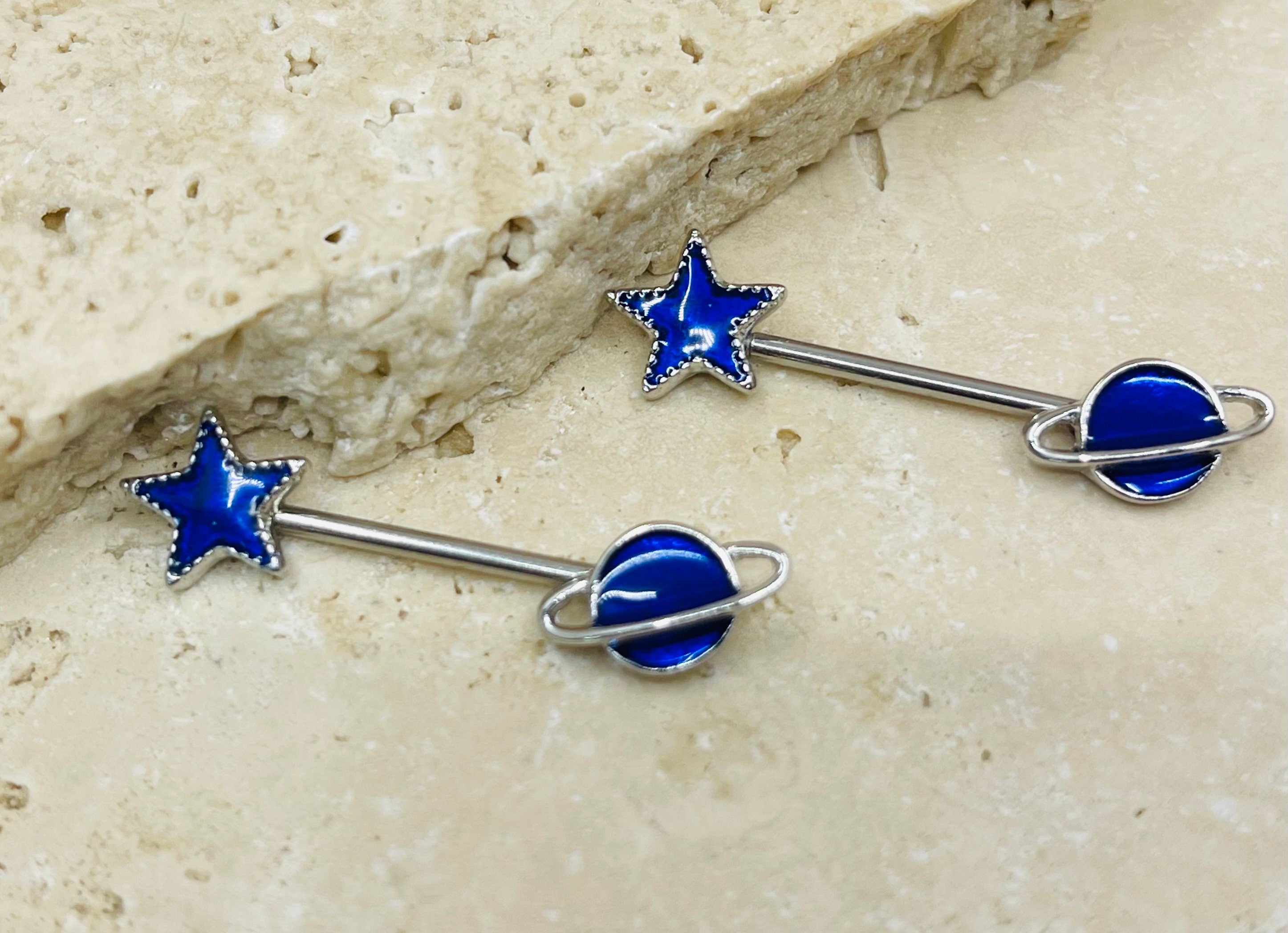 14G Blue Galaxy Nipple Barbells, Nipple Jewelry, Nipple Rings