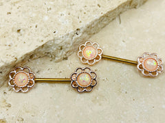 14G Rose Gold Flower White Opal Nipple Barbell, Nipple Ring