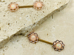 14G Rose Gold Flower White Opal Nipple Barbell, Nipple Ring