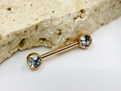 Pair of 14G Rose Gold Push-In Threadless Bezel Set Flat Back Clear Stone Nipple Barbells. Nipple Rings. Nipple Piercing. Nipple Jewelry