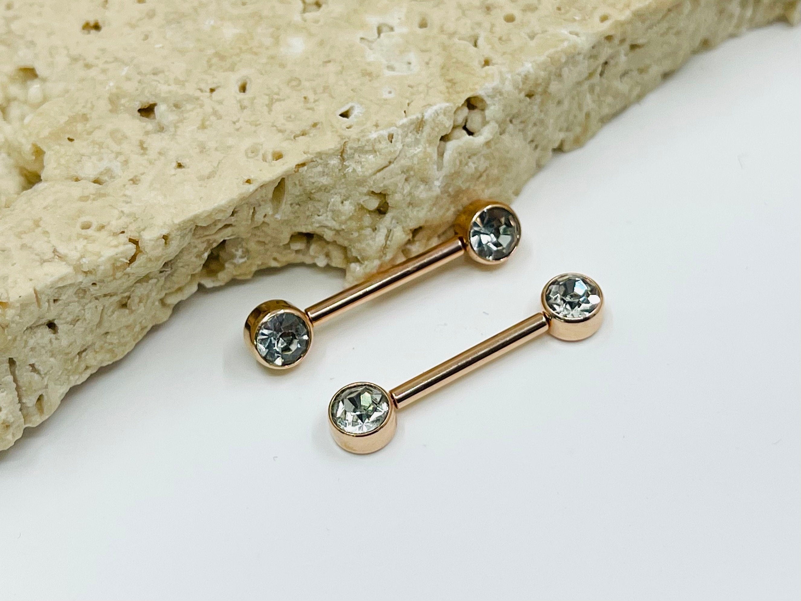 Pair of 14G Rose Gold Push-In Threadless Bezel Set Flat Back Clear Stone Nipple Barbells. Nipple Rings. Nipple Piercing. Nipple Jewelry