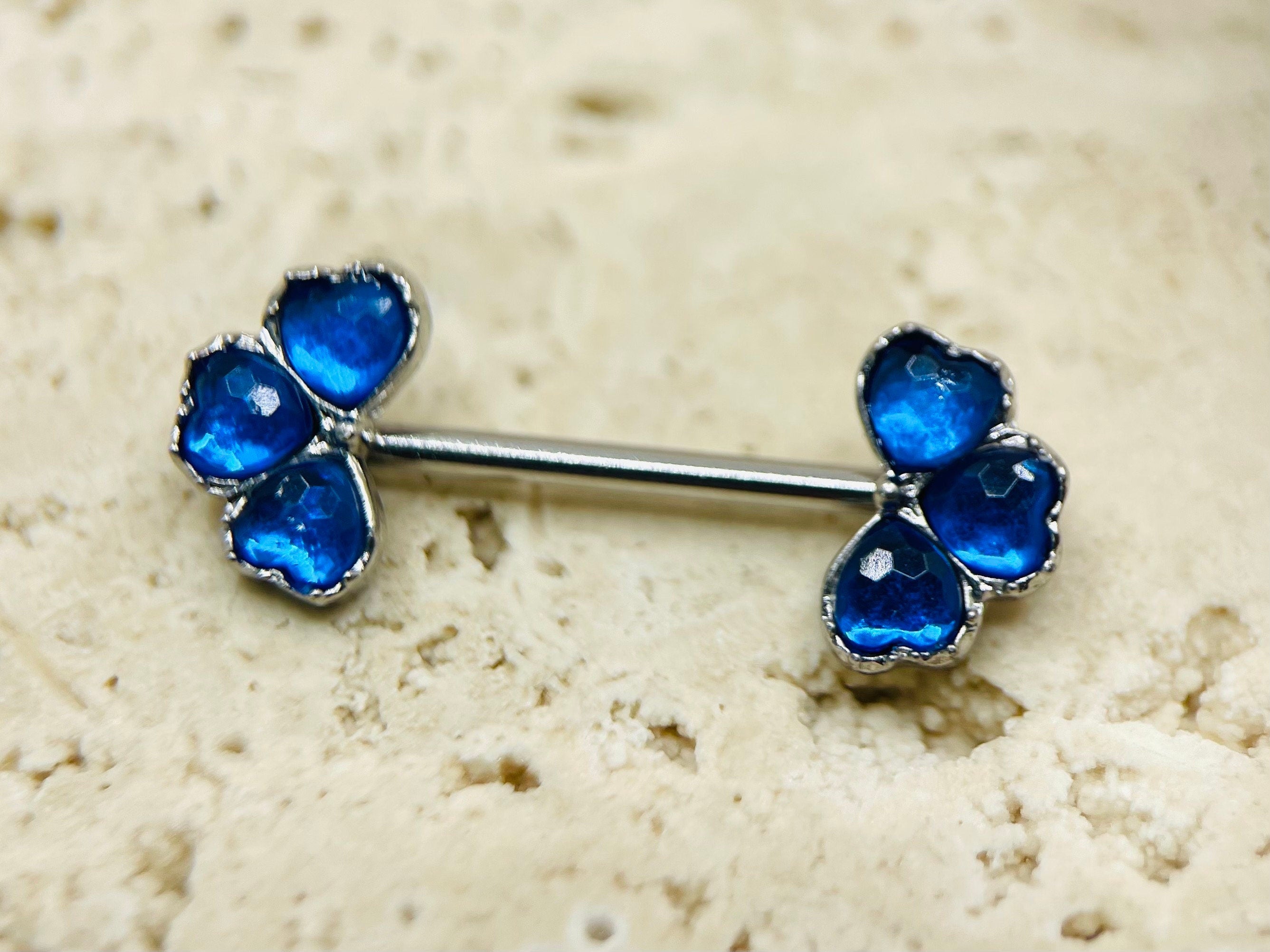 Pair of 14G Blue Gem Black Clover Ends Nipple Barbell