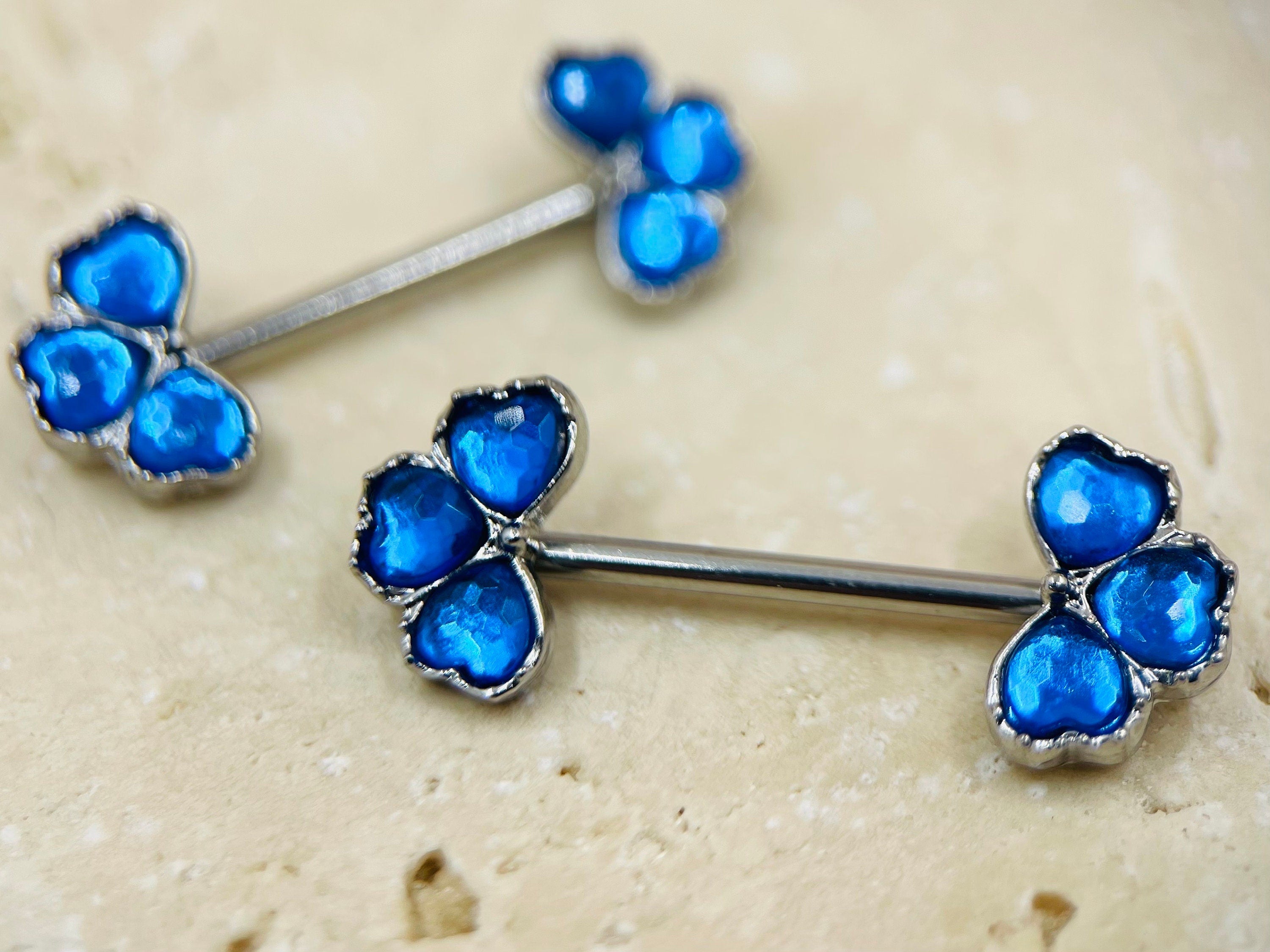 Pair of 14G Blue Gem Black Clover Ends Nipple Barbell