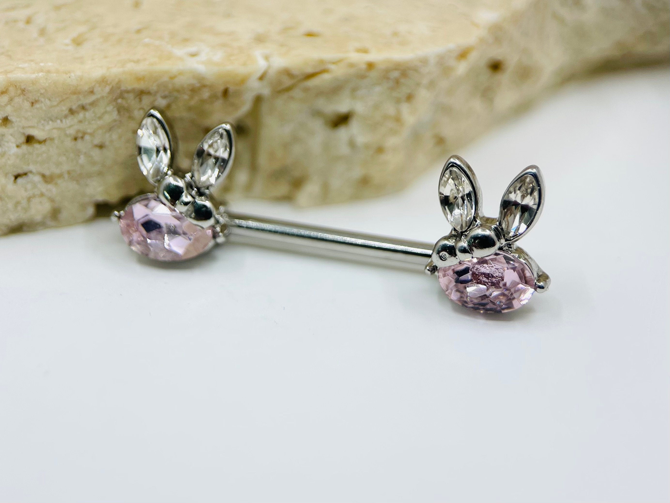 14G Pink Bunny Nipple Barbells, Nipple Piercing, Nipple Jewelry