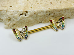 14G Gold Colorful Gems Butterfly Nipple Jewelry • Nipple Barbells with Butterfly End • Rainbow Butterfly Nipple Jewelry